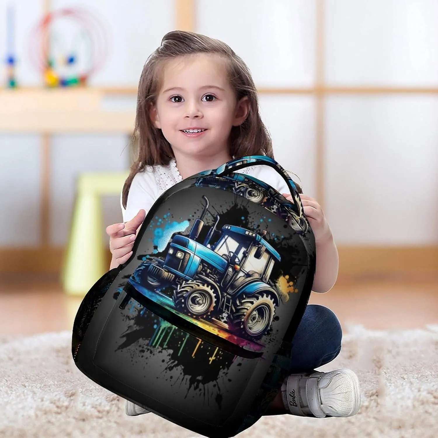 Tractor School Backpack, 16 Inch Cute Tractors Themed Bookbag for Kids Girls Boys, Daily School Backpacks for Students Children, Lightweight, Large Capacity