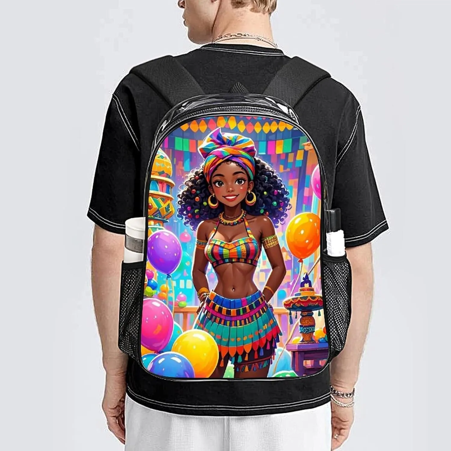 Transparent Daypack for Hiking Work Running - Big Capacity Anti-Theft Multipurpose Shoulder Bag, Cool African American Woman Bold And Colorful Art Travel and Sport Backpack Rucksack