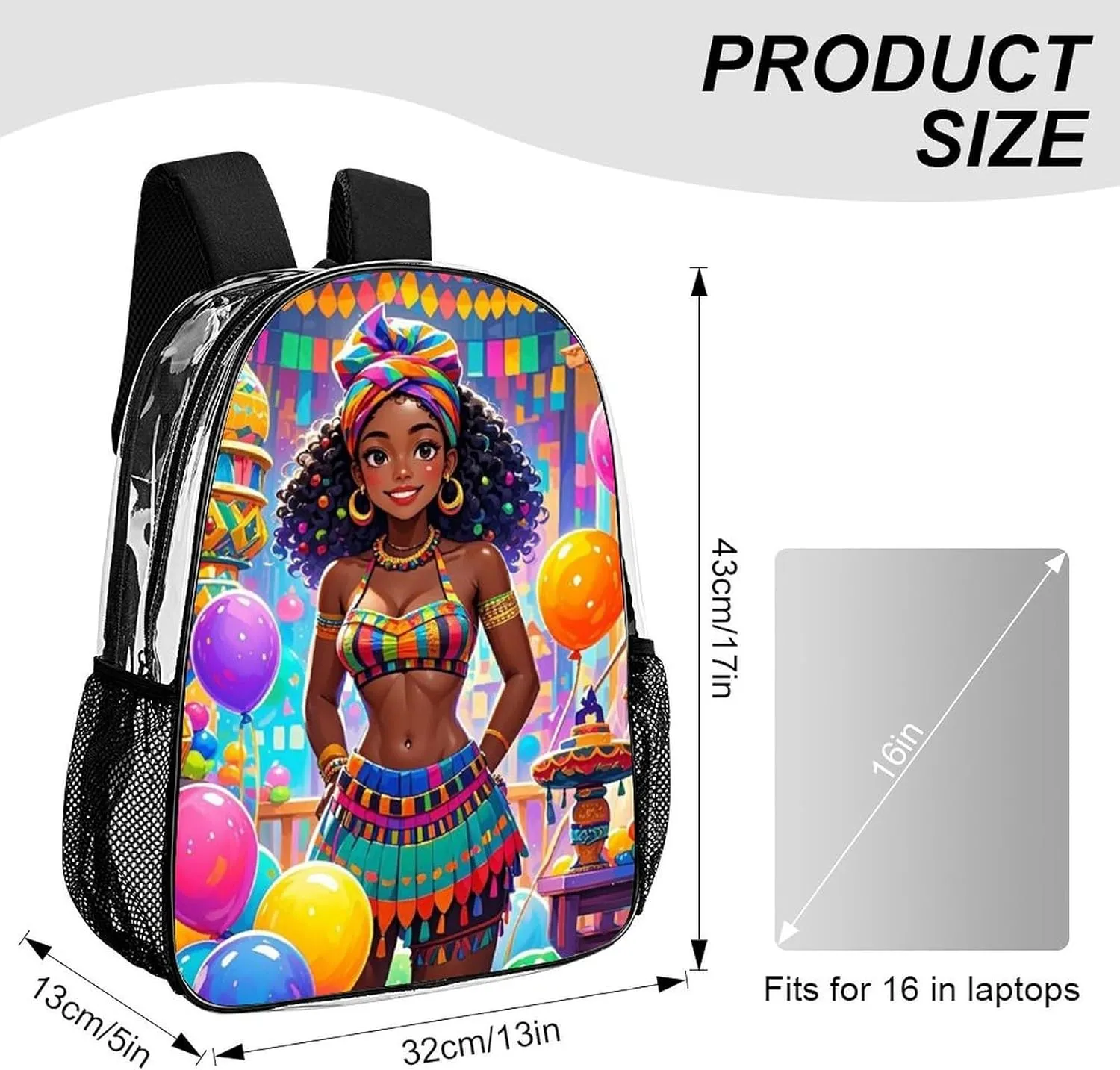 Transparent Daypack for Hiking Work Running - Big Capacity Anti-Theft Multipurpose Shoulder Bag, Cool African American Woman Bold And Colorful Art Travel and Sport Backpack Rucksack