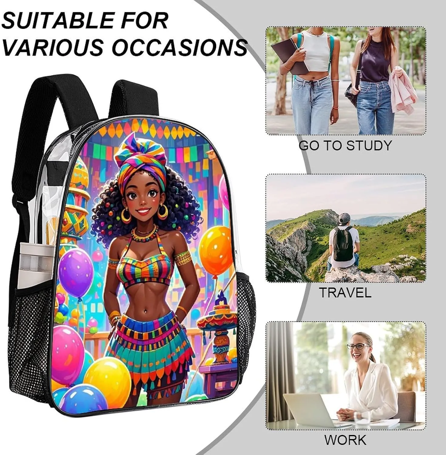 Transparent Daypack for Hiking Work Running - Big Capacity Anti-Theft Multipurpose Shoulder Bag, Cool African American Woman Bold And Colorful Art Travel and Sport Backpack Rucksack
