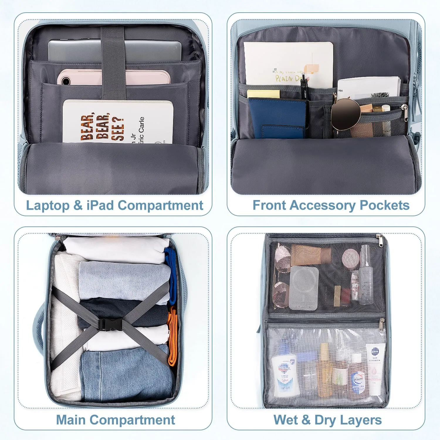 Travel Backpack for Women, Flight Approved, College, Casual, Hiking, Waterproof, Blue, 16.9x11.8x7.87 inch