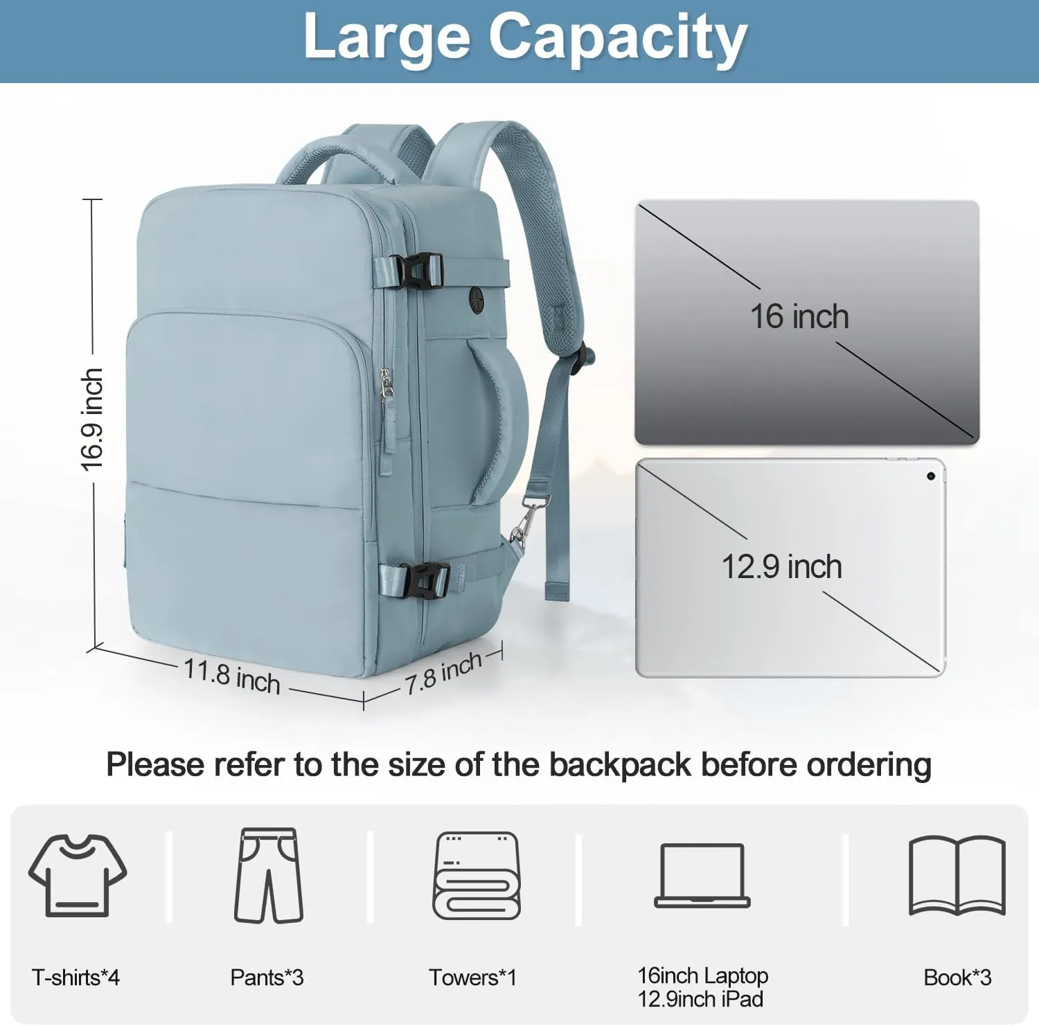 Travel Backpack for Women, Flight Approved, College, Casual, Hiking, Waterproof, Blue, 16.9x11.8x7.87 inch
