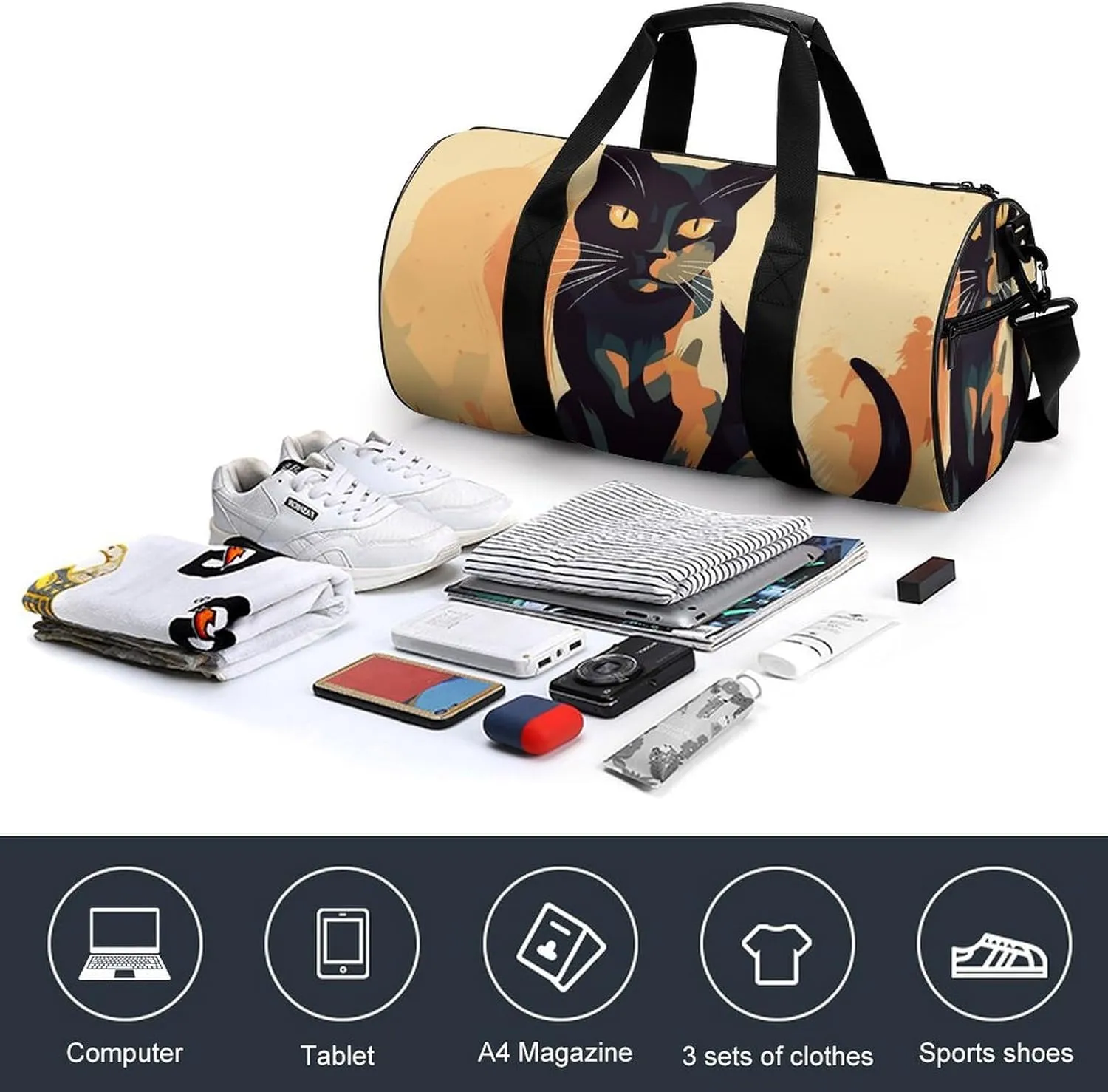 Travel Duffel Bag for Men And Women,A Cat with Yellow Eyes Waterproof Sports Fitness Bag Portable Travel Duffel Bag