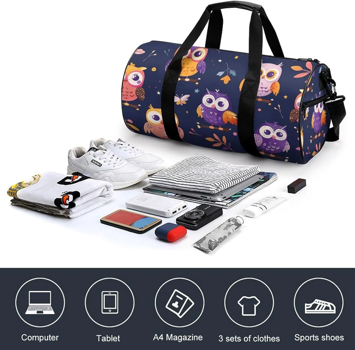 Travel Duffel Bag for Men And Women,Cartoon Owl Pattern Waterproof Sports Fitness Bag Portable Travel Duffel Bag