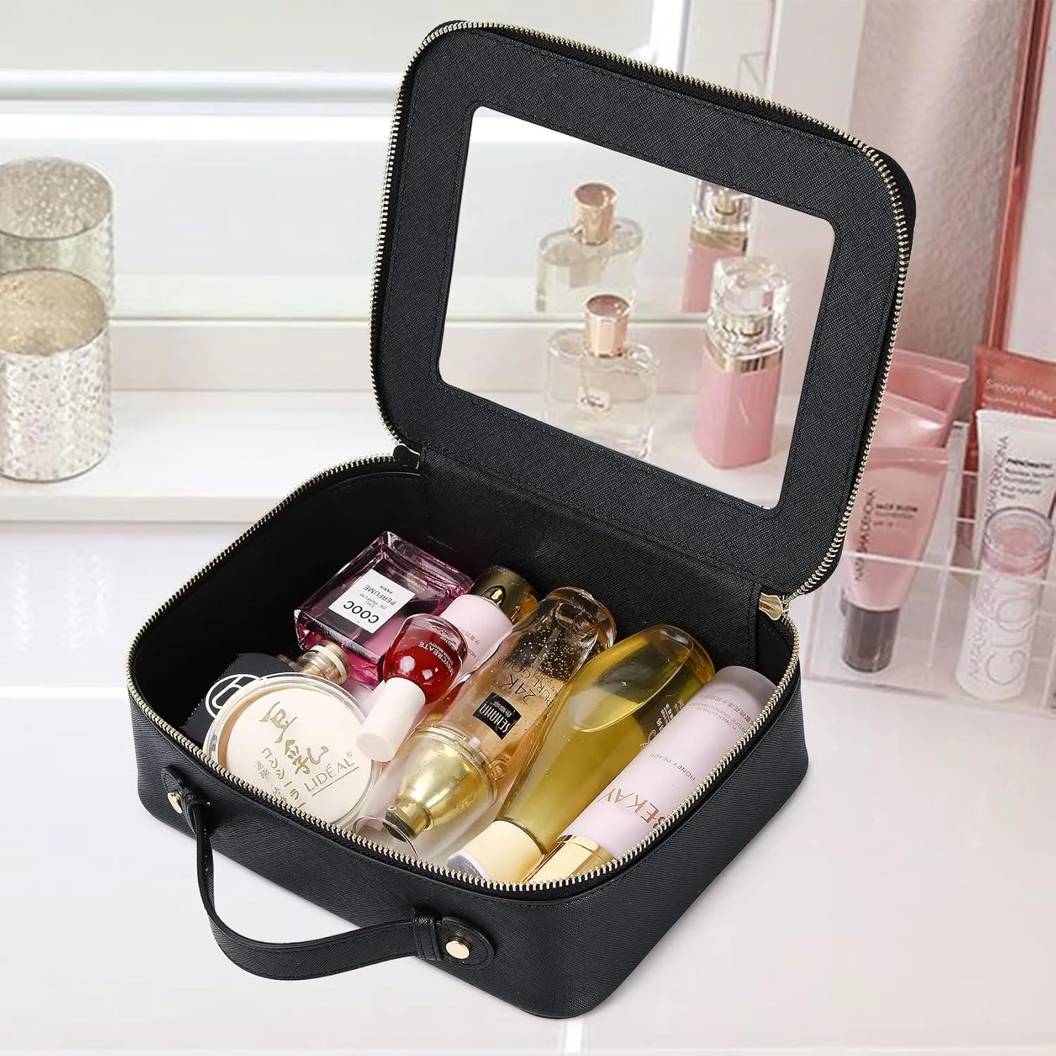 Travel Makeup Bag with Brush Case Portable Transparent Cosmetic Bag and Toiletry Bag Waterproof Makeup Organizer with Zipper Car Essential for Women (Black, L Slim)