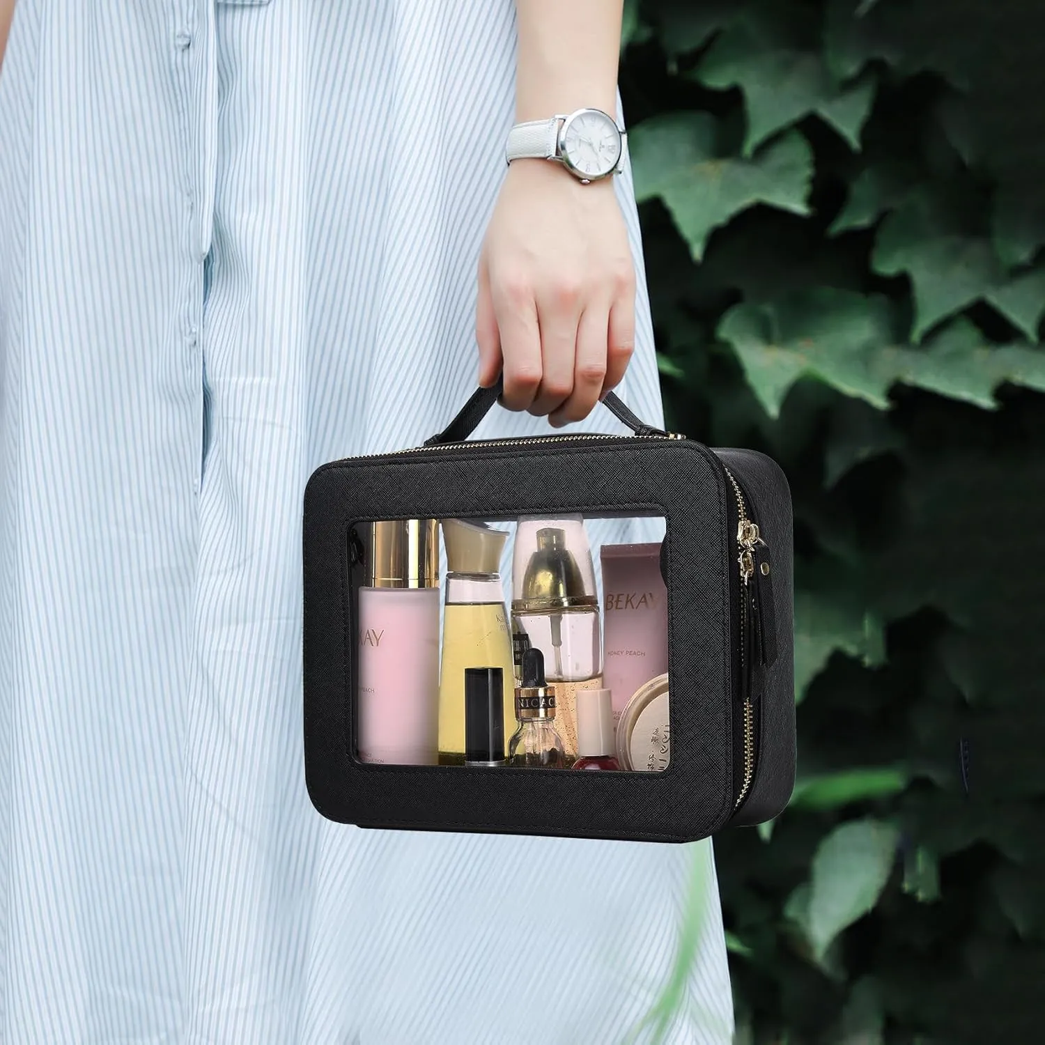 Travel Makeup Bag with Brush Case Portable Transparent Cosmetic Bag and Toiletry Bag Waterproof Makeup Organizer with Zipper Car Essential for Women (Black, L Slim)