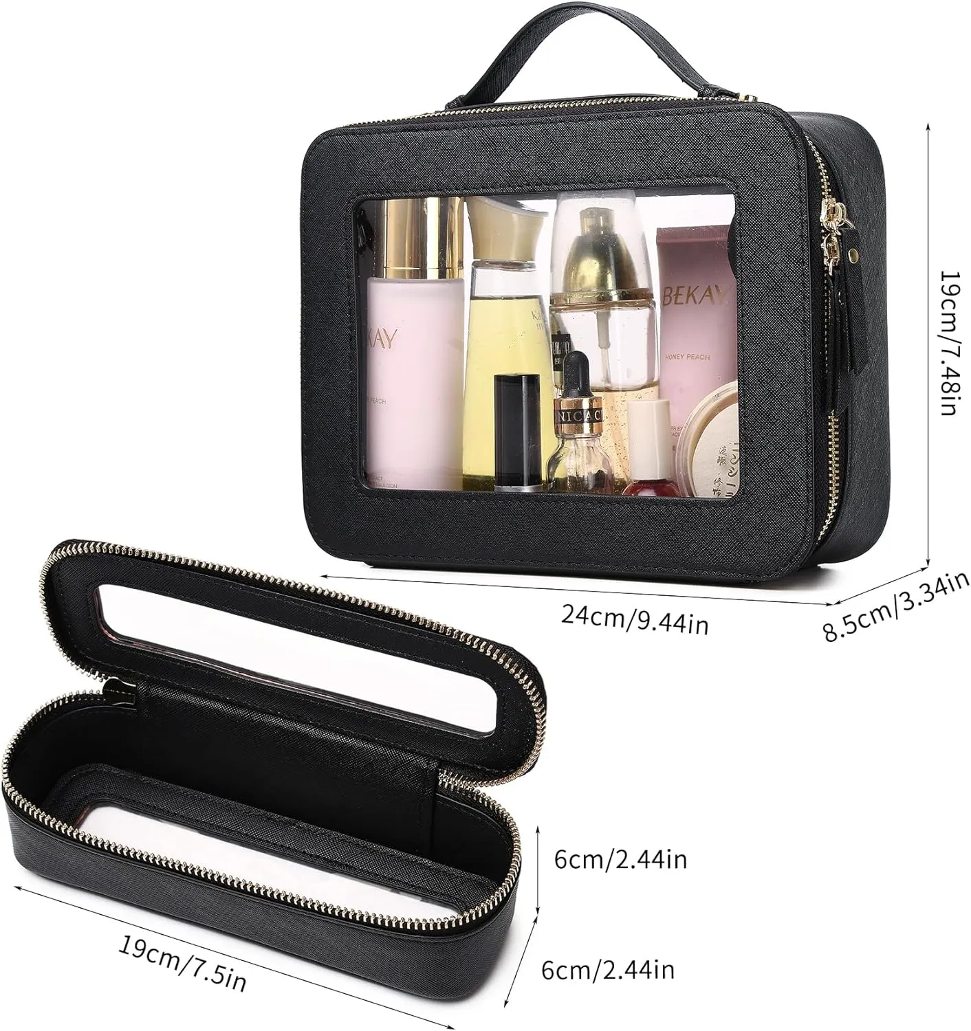 Travel Makeup Bag with Brush Case Portable Transparent Cosmetic Bag and Toiletry Bag Waterproof Makeup Organizer with Zipper Car Essential for Women (Black, L Slim)