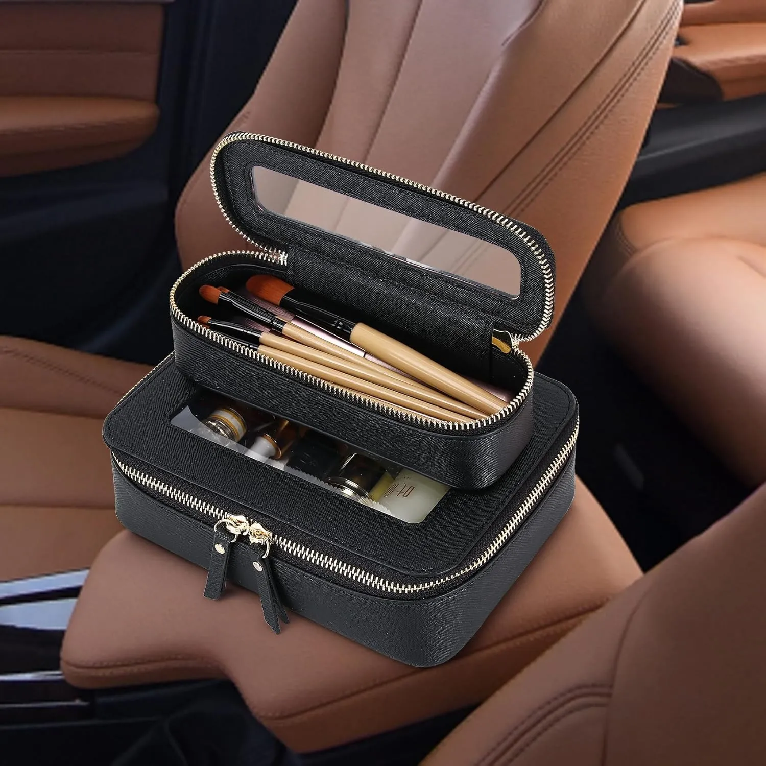 Travel Makeup Bag with Brush Case Portable Transparent Cosmetic Bag and Toiletry Bag Waterproof Makeup Organizer with Zipper Car Essential for Women (Black, L Slim)