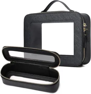 Travel Makeup Bag with Brush Case Portable Transparent Cosmetic Bag and Toiletry Bag Waterproof Makeup Organizer with Zipper Car Essential for Women (Black, L Slim)
