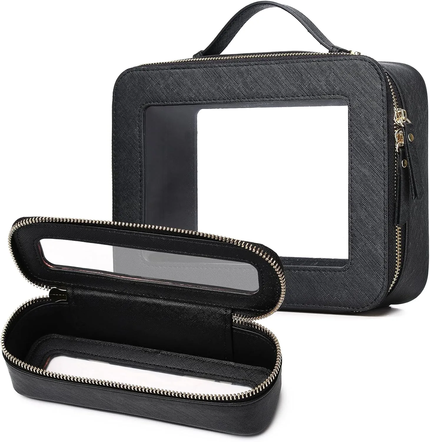 Travel Makeup Bag with Brush Case Portable Transparent Cosmetic Bag and Toiletry Bag Waterproof Makeup Organizer with Zipper Car Essential for Women (Black, L Slim)