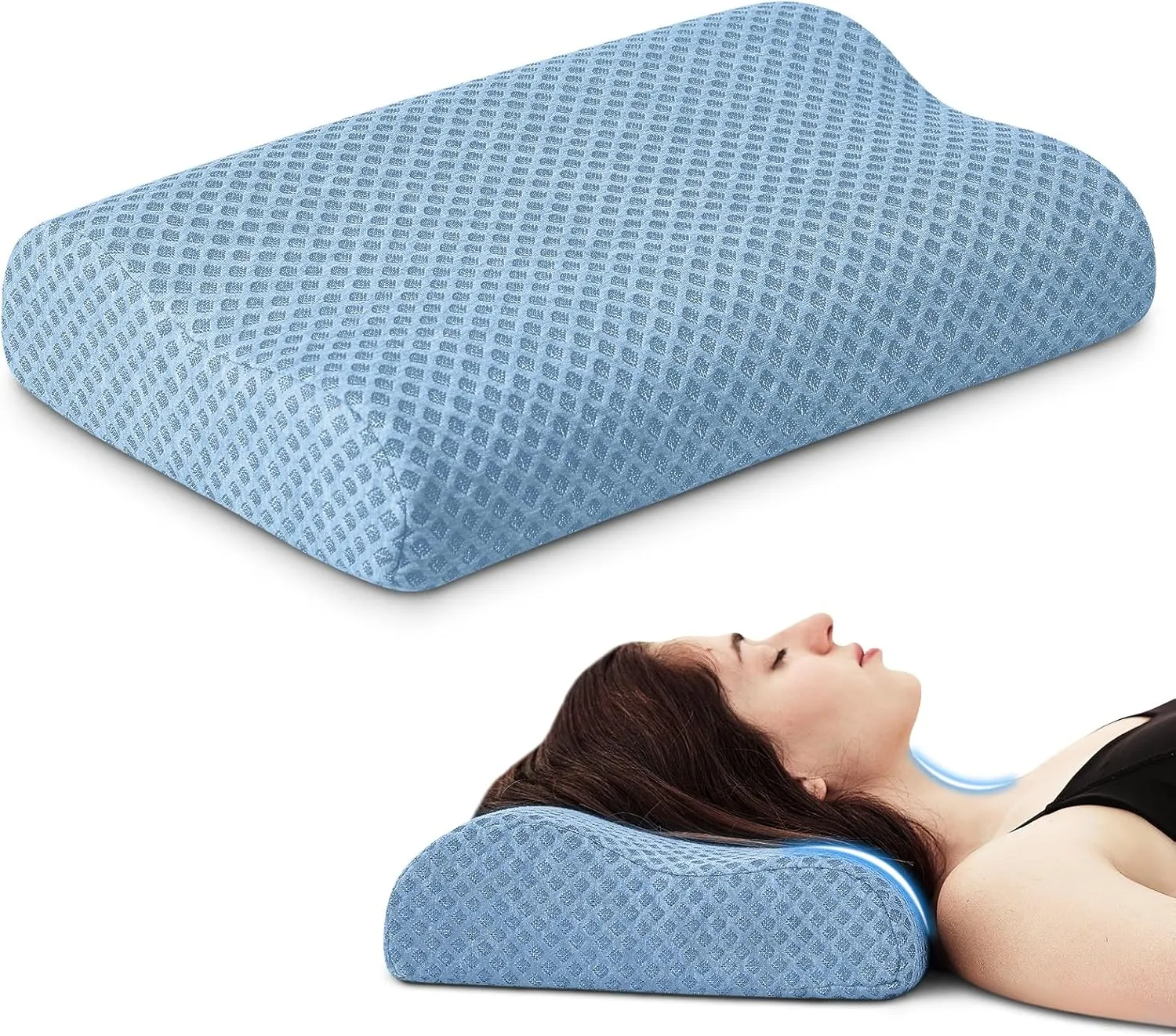 Travel Pillow Memory Foam Pillows, Ergonomic Wave Cervical Neck Pillow for Neck Pain Relief, Compressible Medium Firm Side Sleeper Pillow, Ideal for Camping, Office, Home & Bed (Blue, S)