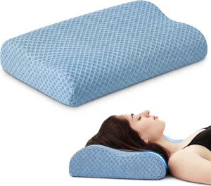 Travel Pillow Memory Foam Pillows, Ergonomic Wave Cervical Neck Pillow for Neck Pain Relief, Compressible Medium Firm Side Sleeper Pillow, Ideal for Camping, Office, Home & Bed (Blue, S)