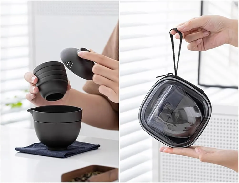 Travel Purple Sand Tea Set with Handbag Portable Gaiwan TeaSet Chinese Tea Set, All-in-one Teapot,teapot Teacup Travel Bag, Ceramic Travel Coffee Tea Set for Adults 1 Pot 2 Cups