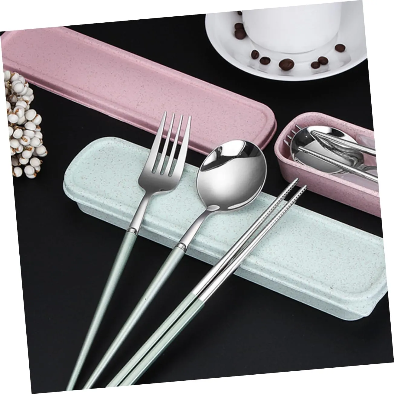 Travel Utensil Set 304 Stainless Steel Chopsticks Fork Spoon Reusable Cutlery Compact Camping Cookware Dinnerware Case Random Color