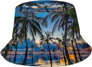 Tropical Palm Tree Sunset Bucket Hats Fashion Sun Cap Packable Outdoor Summer Fisherman Hat for Women and Men