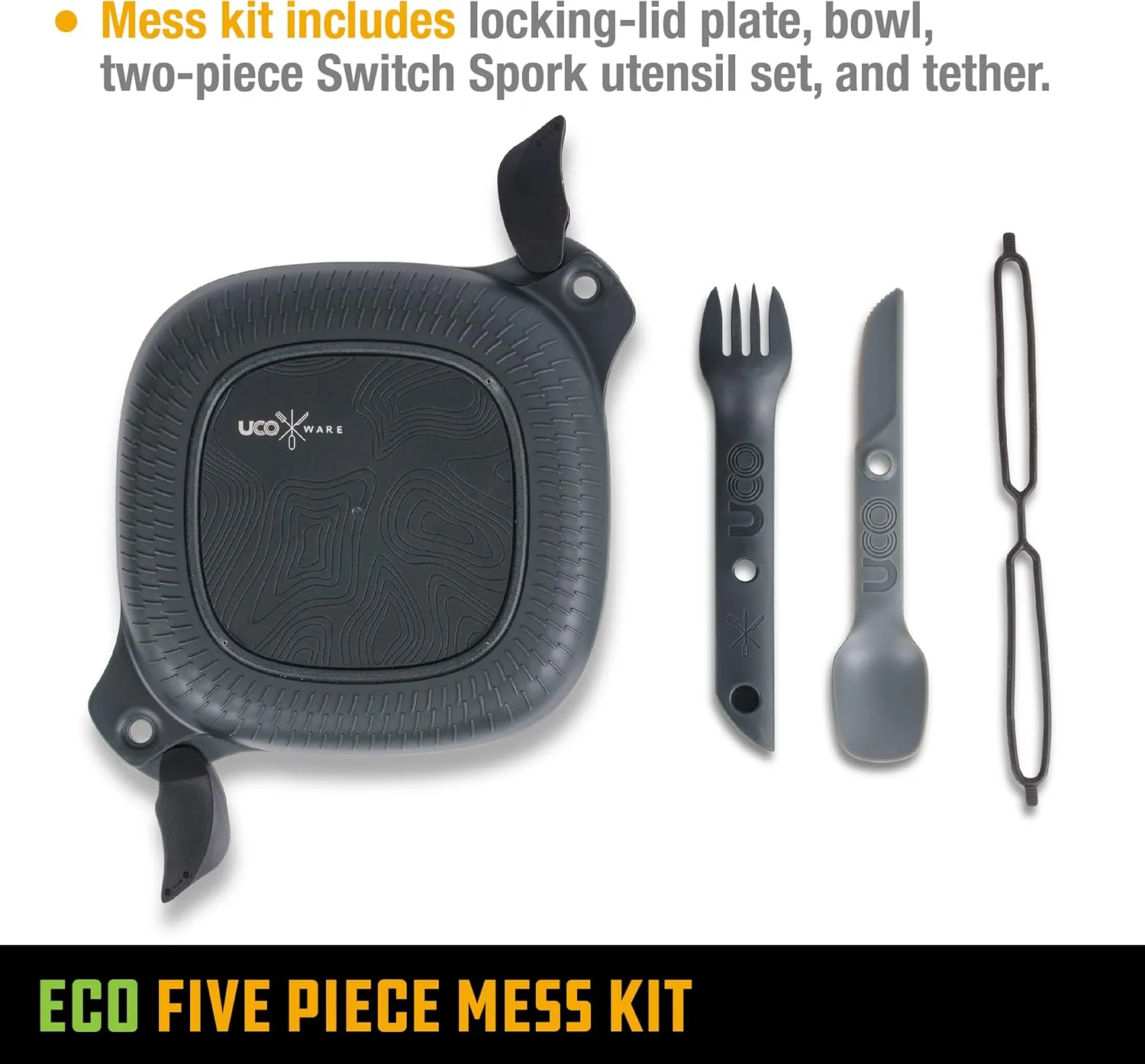 UCO Recycled ECO 5-Piece Camping Mess Kit with Bowl, Plate, Switch Spork Utensil Set