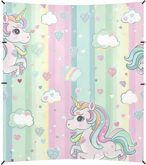 Unicorns Cartoon Stripe Foldable Beach Tent UPF50  Protection Lightweight Large Sun Shelter with Sandbags & Sand Shovel for Family Travel