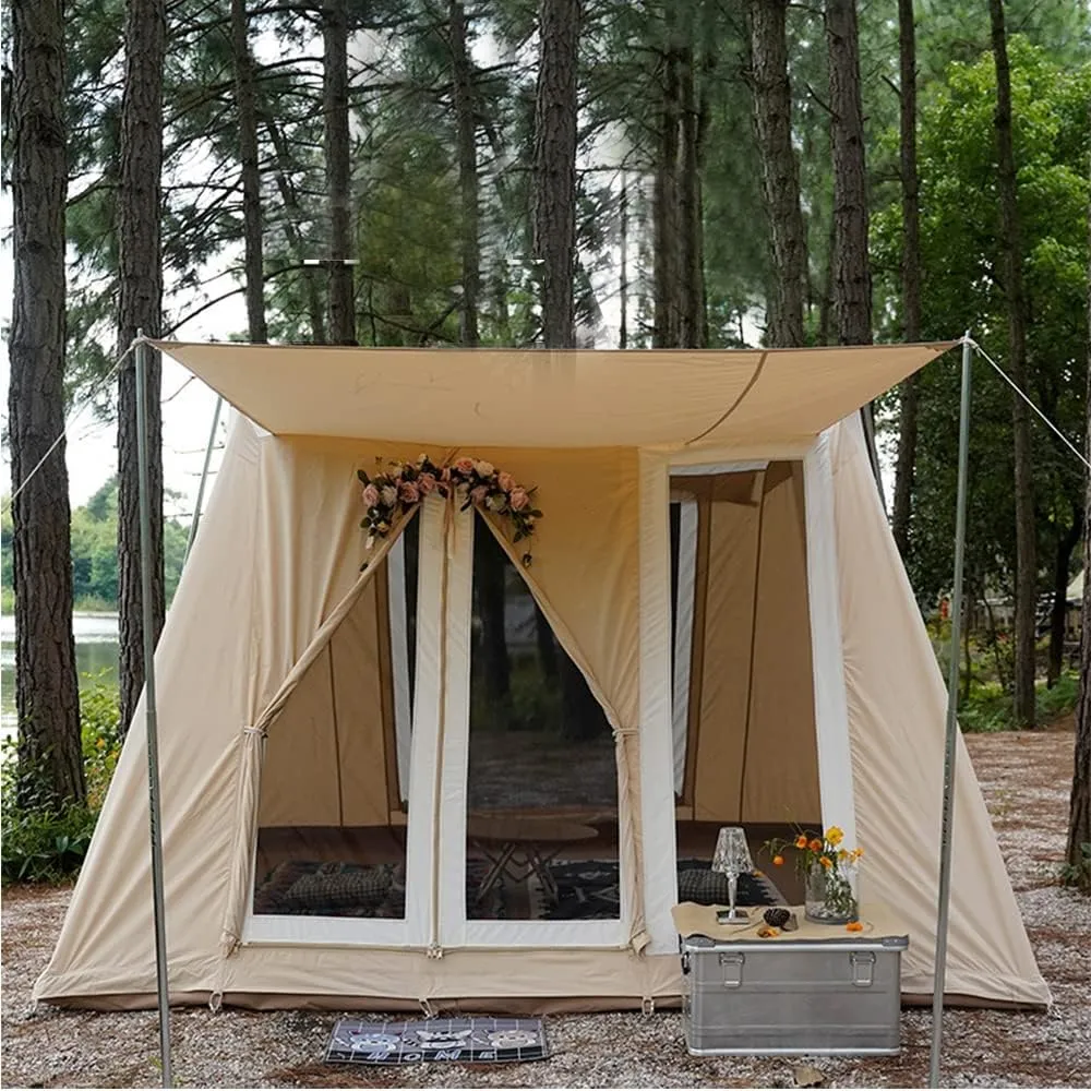 UNISTRENGH Waterproof Cotton Canvas Cabin Tent 4 Season Outdoor Family Camping Tent Shelters with Awning & Extra Wide Mesh Doors