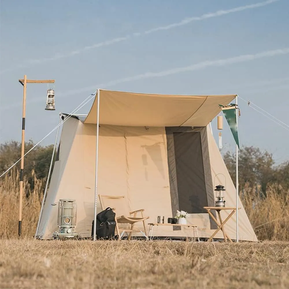 UNISTRENGH Waterproof Cotton Canvas Cabin Tent 4 Season Outdoor Family Camping Tent Shelters with Awning & Extra Wide Mesh Doors