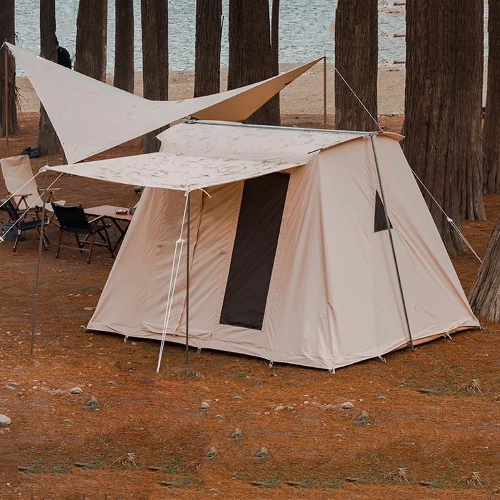UNISTRENGH Waterproof Cotton Canvas Cabin Tent 4 Season Outdoor Family Camping Tent Shelters with Awning & Extra Wide Mesh Doors