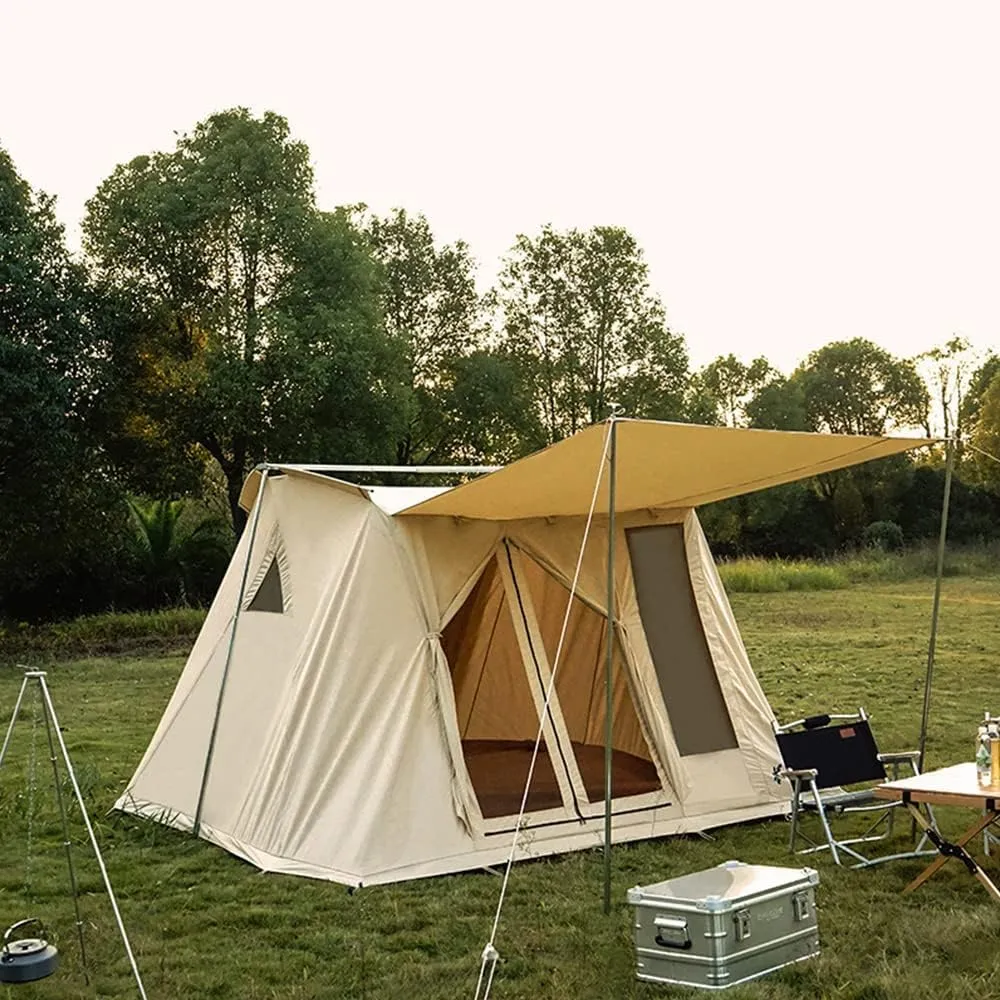 UNISTRENGH Waterproof Cotton Canvas Cabin Tent 4 Season Outdoor Family Camping Tent Shelters with Awning & Extra Wide Mesh Doors
