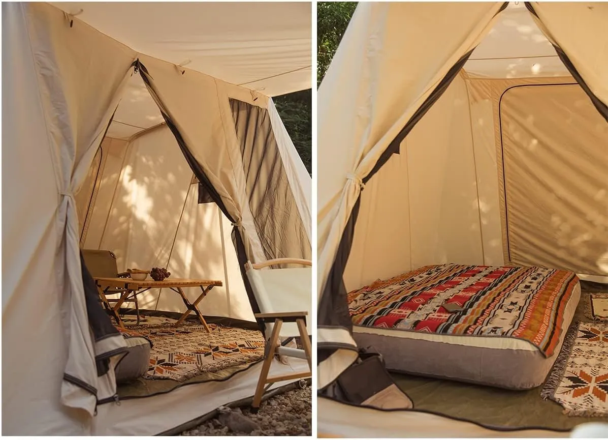 UNISTRENGH Waterproof Cotton Canvas Cabin Tent 4 Season Outdoor Family Camping Tent Shelters with Awning & Extra Wide Mesh Doors
