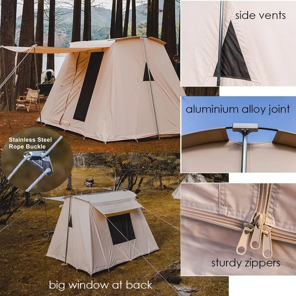 UNISTRENGH Waterproof Cotton Canvas Cabin Tent 4 Season Outdoor Family Camping Tent Shelters with Awning & Extra Wide Mesh Doors