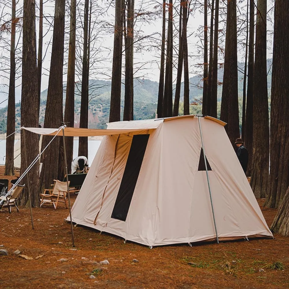 UNISTRENGH Waterproof Cotton Canvas Cabin Tent 4 Season Outdoor Family Camping Tent Shelters with Awning & Extra Wide Mesh Doors