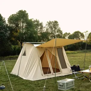 UNISTRENGH Waterproof Cotton Canvas Cabin Tent 4 Season Outdoor Family Camping Tent Shelters with Awning & Extra Wide Mesh Doors