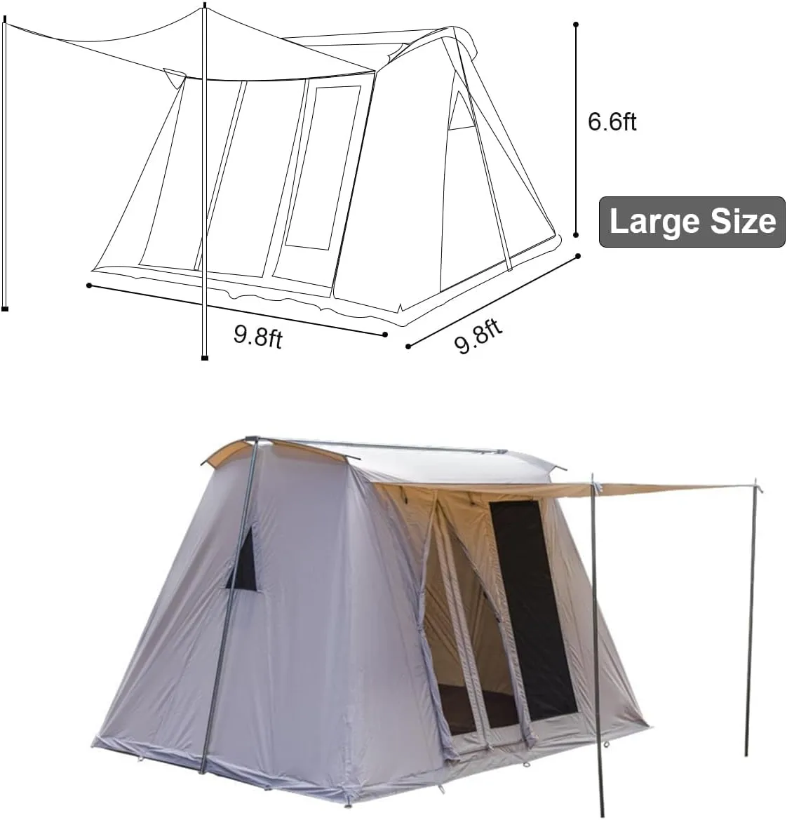 UNISTRENGH Waterproof Cotton Canvas Cabin Tent 4 Season Outdoor Family Camping Tent Shelters with Awning & Extra Wide Mesh Doors