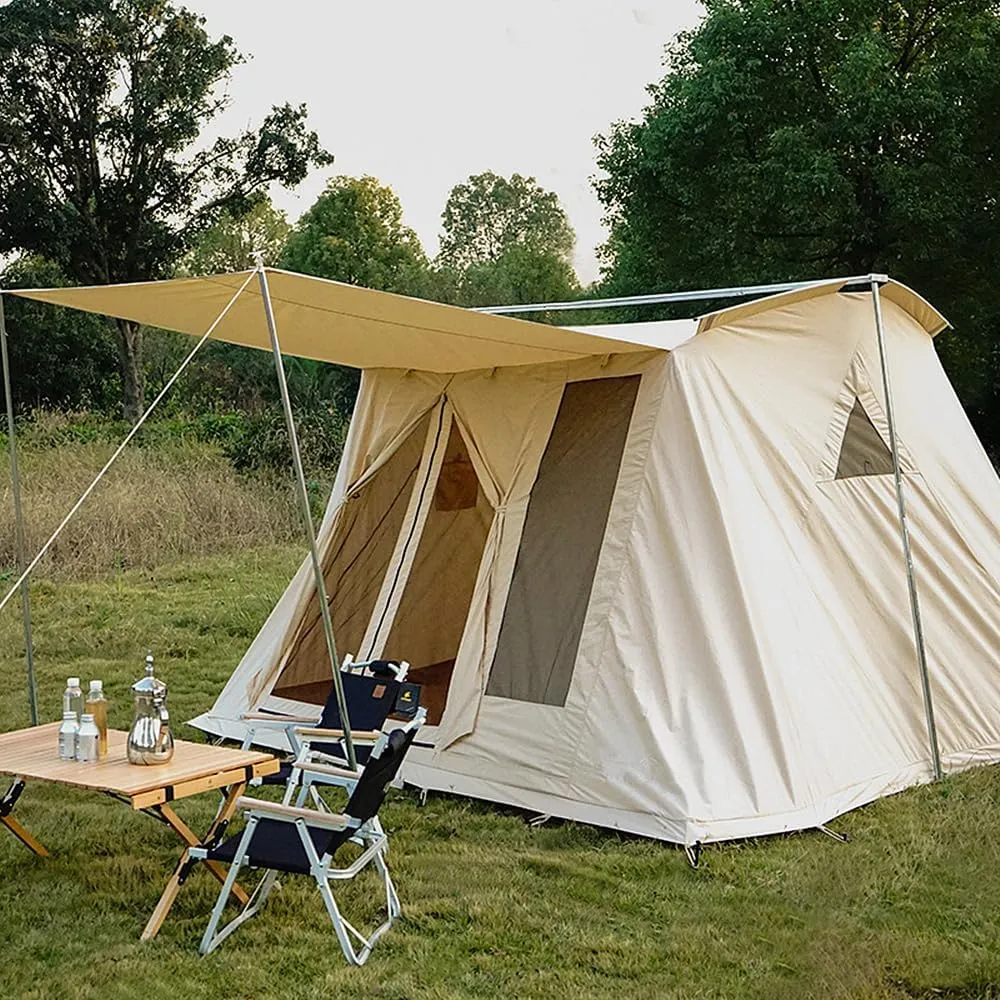 UNISTRENGH Waterproof Cotton Canvas Cabin Tent 4 Season Outdoor Family Camping Tent Shelters with Awning & Extra Wide Mesh Doors