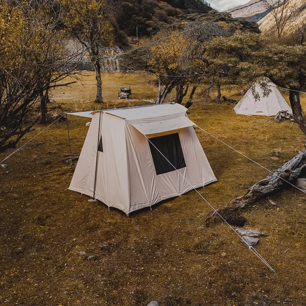 UNISTRENGH Waterproof Cotton Canvas Cabin Tent 4 Season Outdoor Family Camping Tent Shelters with Awning & Extra Wide Mesh Doors