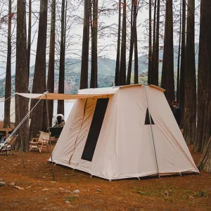 UNISTRENGH Waterproof Cotton Canvas Cabin Tent 4 Season Outdoor Family Camping Tent Shelters with Awning & Extra Wide Mesh Doors