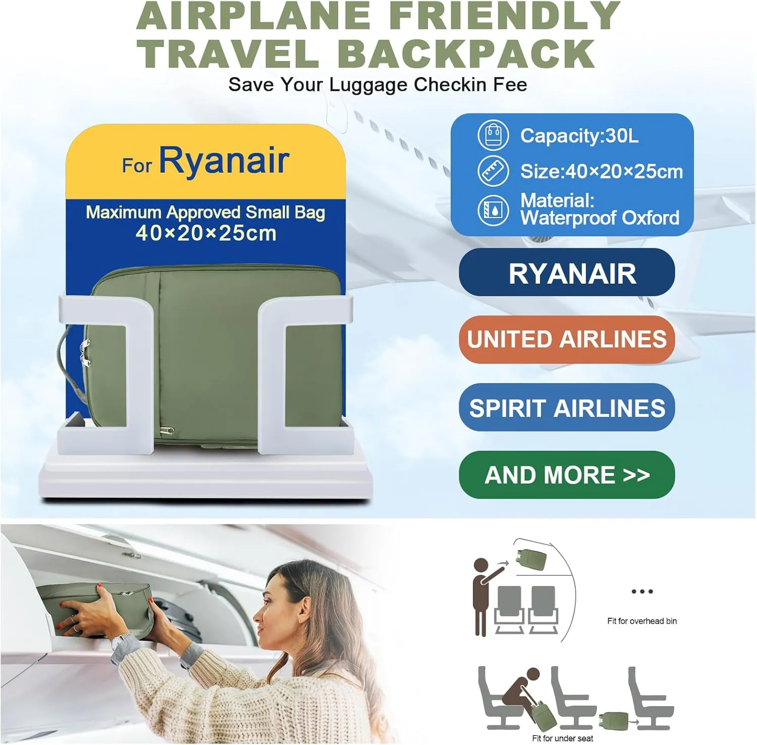 United Airlines Personal Item Bag, Underseat Carry on Backpack, Waterproof Cabin Luggage Bag, Travel Essentials, Green