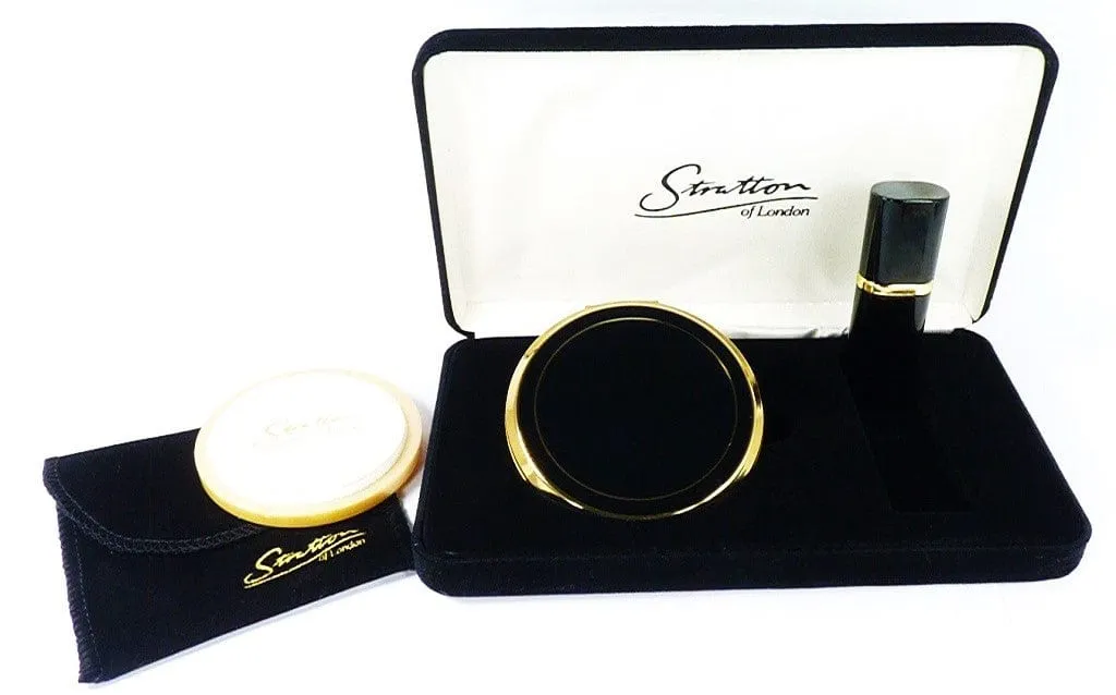 Unused Black & Gold Stratton Compact Mirror & Atomiser Gift Set 1990s