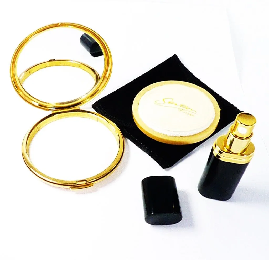 Unused Black & Gold Stratton Compact Mirror & Atomiser Gift Set 1990s
