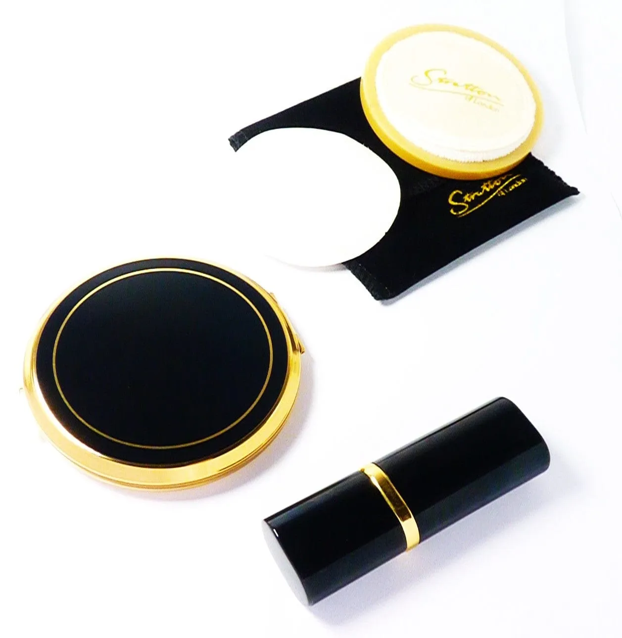 Unused Black & Gold Stratton Compact Mirror & Atomiser Gift Set 1990s