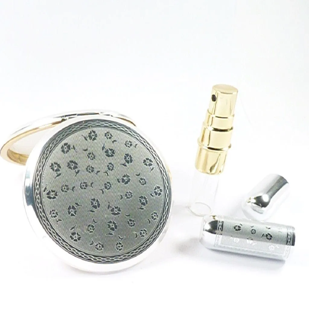 Unused Silver Plated Refillable Compact Mirror And Atomiser Set
