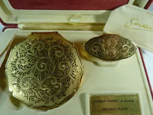 Unused Stratton Vanity Set 22 Ct Gold Plated Compact & Lipstick Mirror