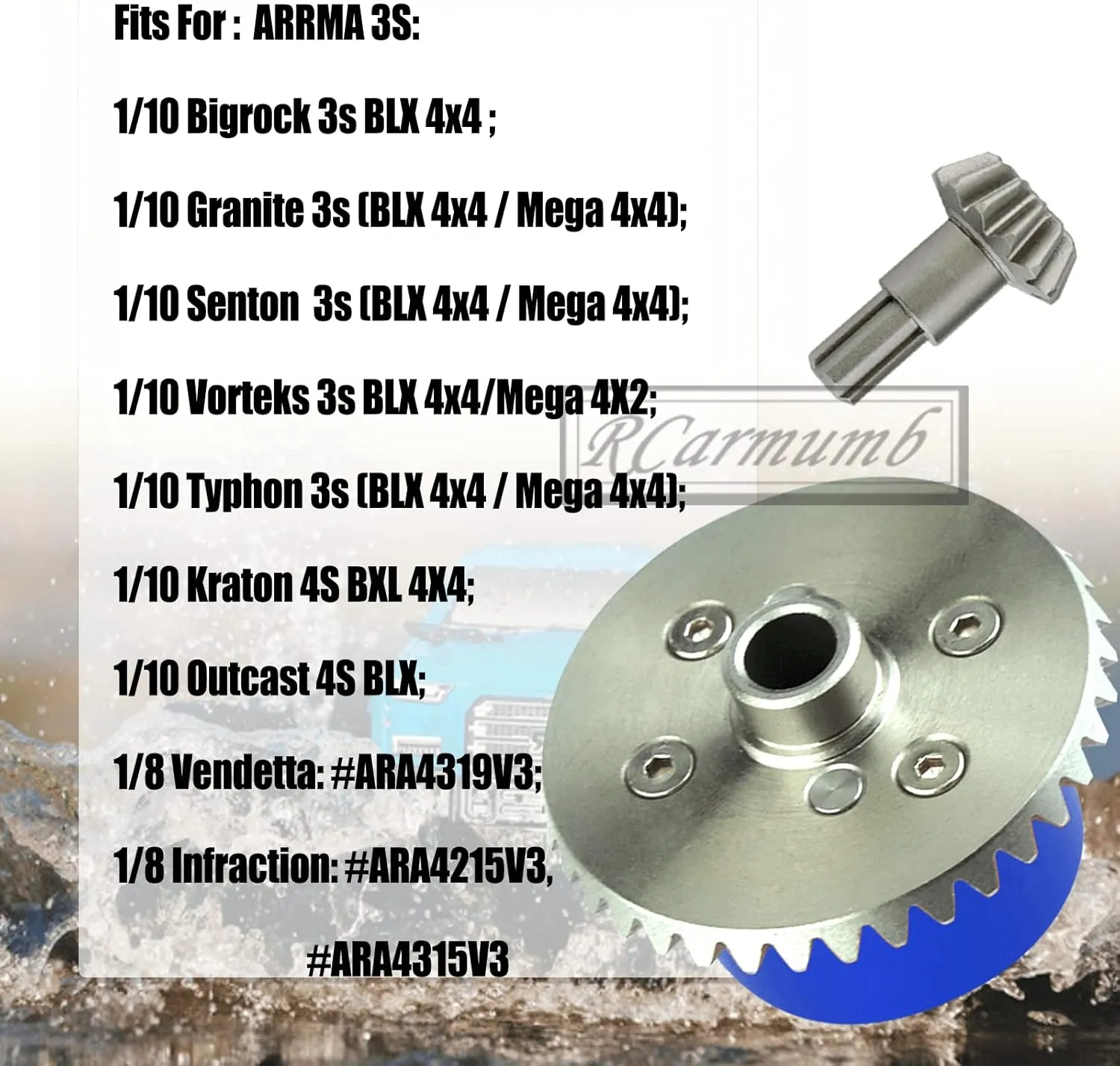 Upgrades Part for 1/10 Arrma Granite/Senton/Vorteks/Big Rock 3S BLX,1/10 Outcast/Kraton 4S BLX 4X4,1/8 Vendetta/Typhon 3s blx，Steel 37T Main Gear & Differential Case & Input Gear 13T,Blue