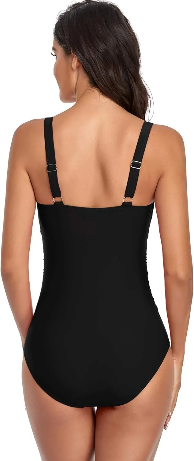 Upopby Women’s One Piece Tummy Control Swimsuit Ruched Slimming Swimwear Padded Scoop Neck Plus Size Bathing Suit Beachwear