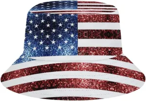 USA Flag Red Blue Sparkles Glitters Bucket Hat Fisherman Cap Packable Summer Sun Hat for Men Women Travel Beach