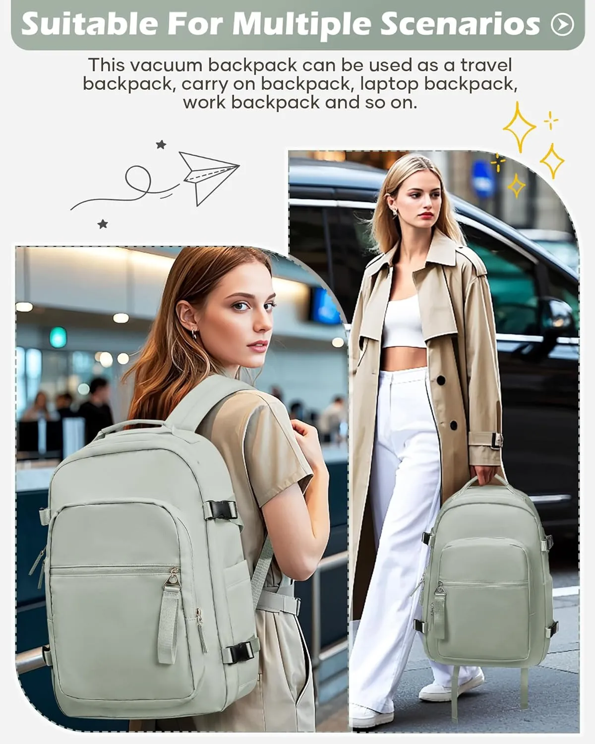 Vacuum Backpack With Pump,Travel Laptop Backpacks For Women Men,Airback Backpacks With Vacuum Compression Bags Seal Packing,Carry On Backpack, Personal Item Travel Bag Grey Green