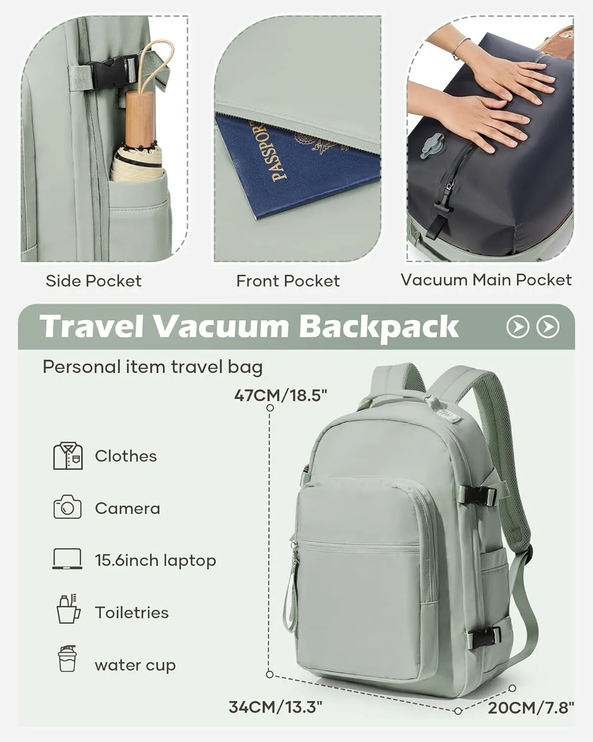 Vacuum Backpack With Pump,Travel Laptop Backpacks For Women Men,Airback Backpacks With Vacuum Compression Bags Seal Packing,Carry On Backpack, Personal Item Travel Bag Grey Green