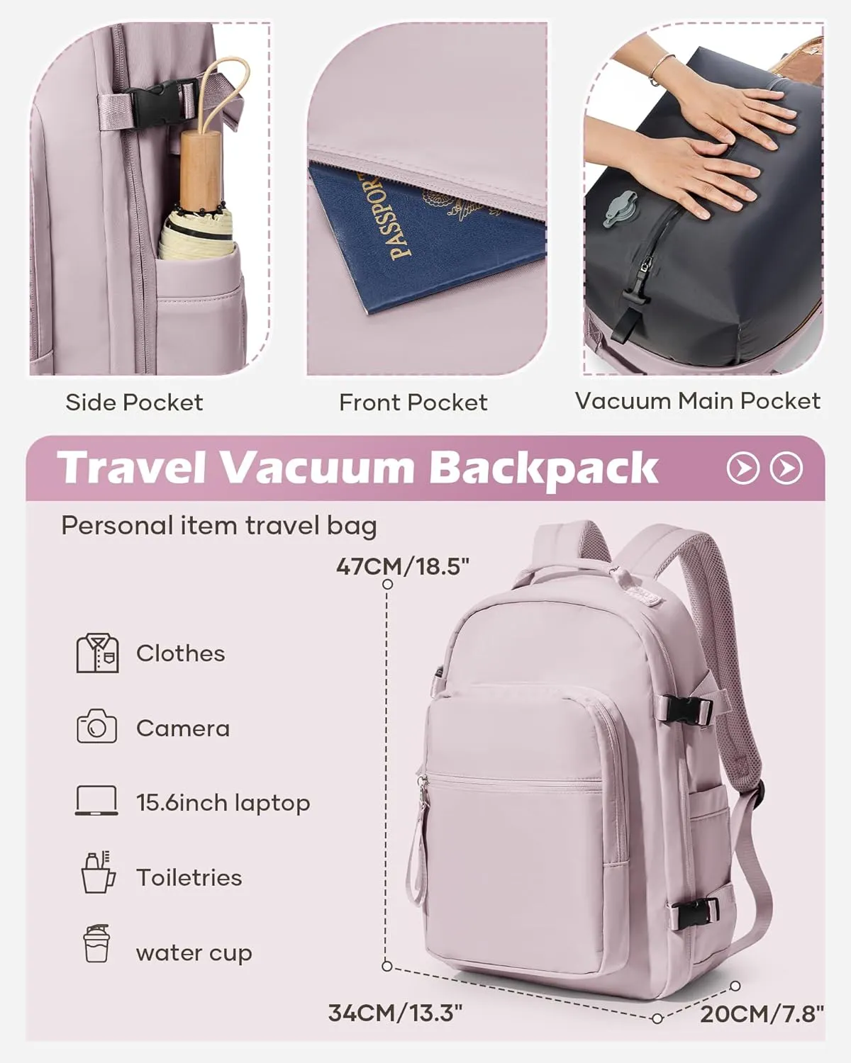 Vacuum Backpack With Pump,Travel Laptop Backpacks For Women Men,Airback Backpacks With Vacuum Compression Bags Seal Packing,Carry On Backpack, Personal Item Travel Bag Pink Purple