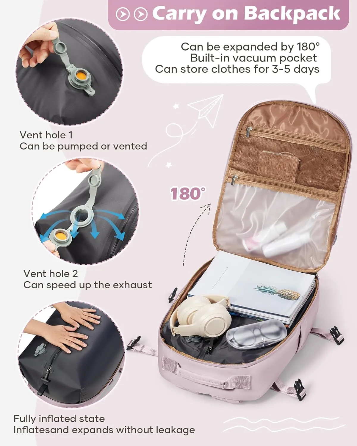 Vacuum Backpack With Pump,Travel Laptop Backpacks For Women Men,Airback Backpacks With Vacuum Compression Bags Seal Packing,Carry On Backpack, Personal Item Travel Bag Pink Purple