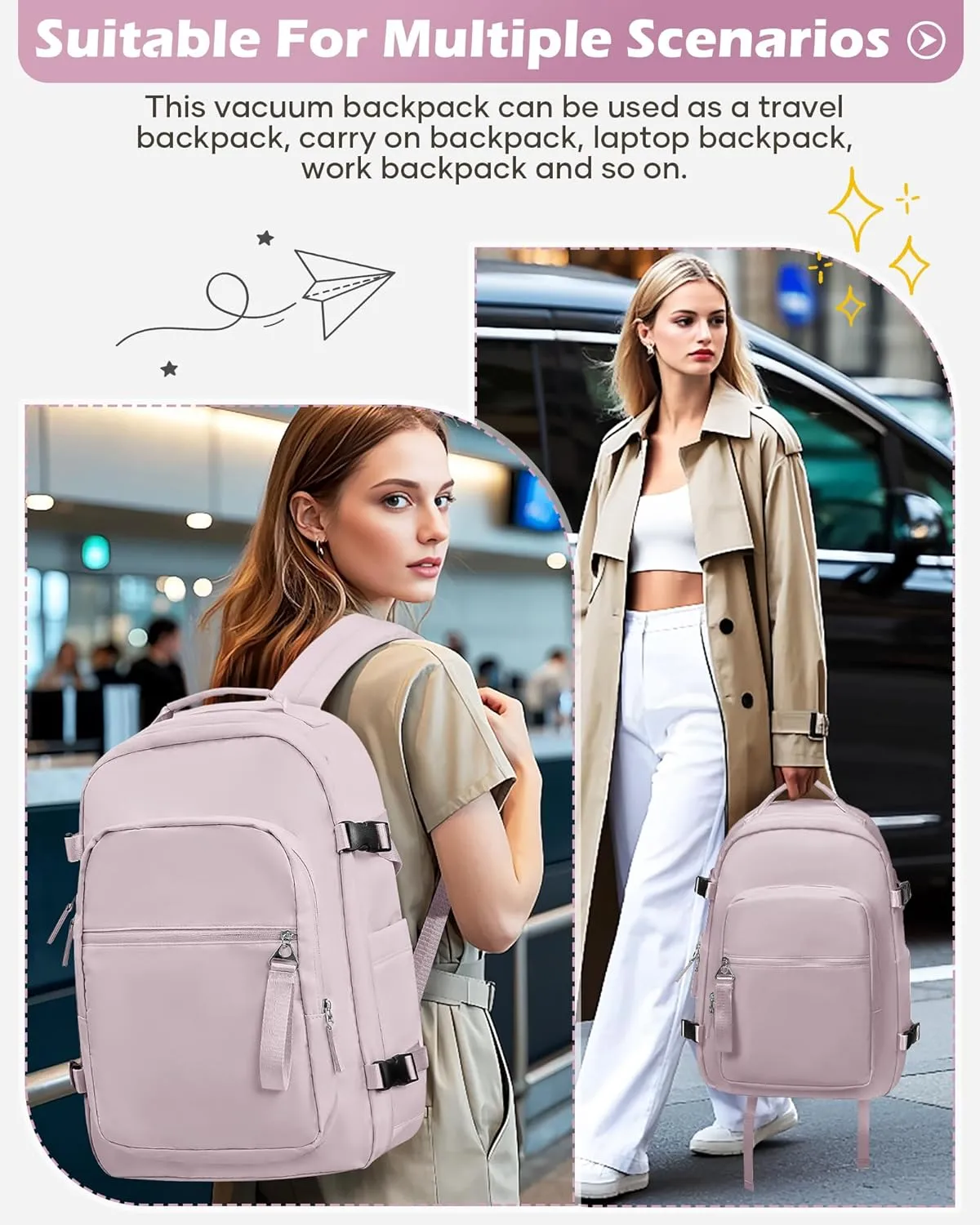 Vacuum Backpack With Pump,Travel Laptop Backpacks For Women Men,Airback Backpacks With Vacuum Compression Bags Seal Packing,Carry On Backpack, Personal Item Travel Bag Pink Purple