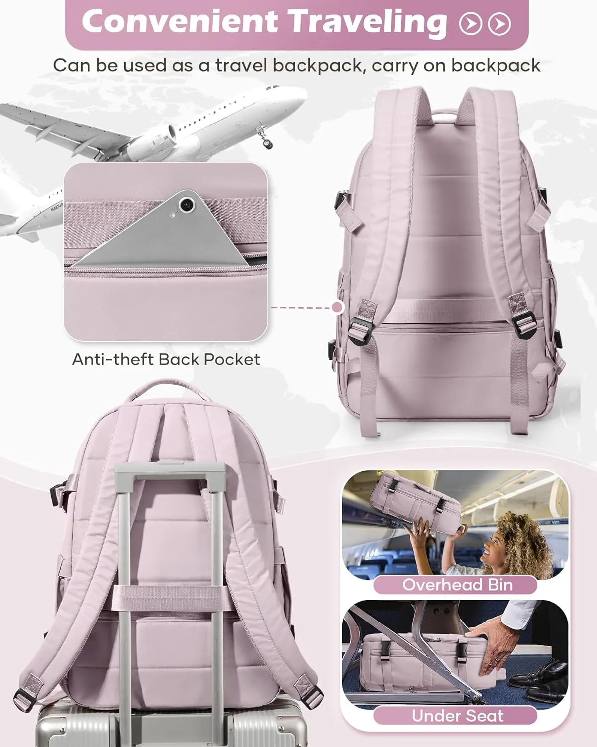Vacuum Backpack With Pump,Travel Laptop Backpacks For Women Men,Airback Backpacks With Vacuum Compression Bags Seal Packing,Carry On Backpack, Personal Item Travel Bag Pink Purple