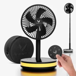 VENTY Portable Fan - Wireless Battery Operated Fan - 4 Speeds - LED Lighting - Carry Case & Remote Control - Cruise Travel - Outdoor Travel RV Power Bank With USB-C Port (Black with Case)