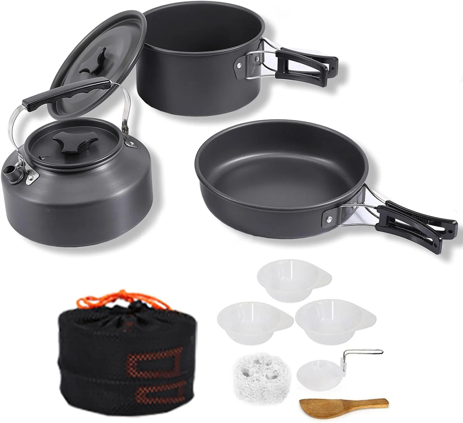 Versatile Camping Pot Pan Set Portable Bowl Tableware Cookware Frying Heat-Resistant Non-Stick Lightweight Outdoor Cooking Black